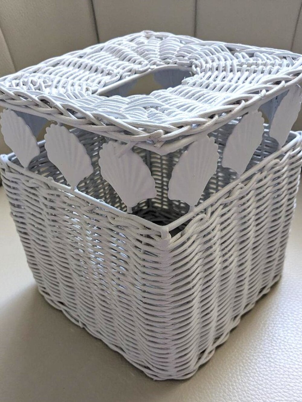 Cottagecore Beachy White Wicker Style Seashell Tissue Box Cover 6.5" T. 6" Sq.